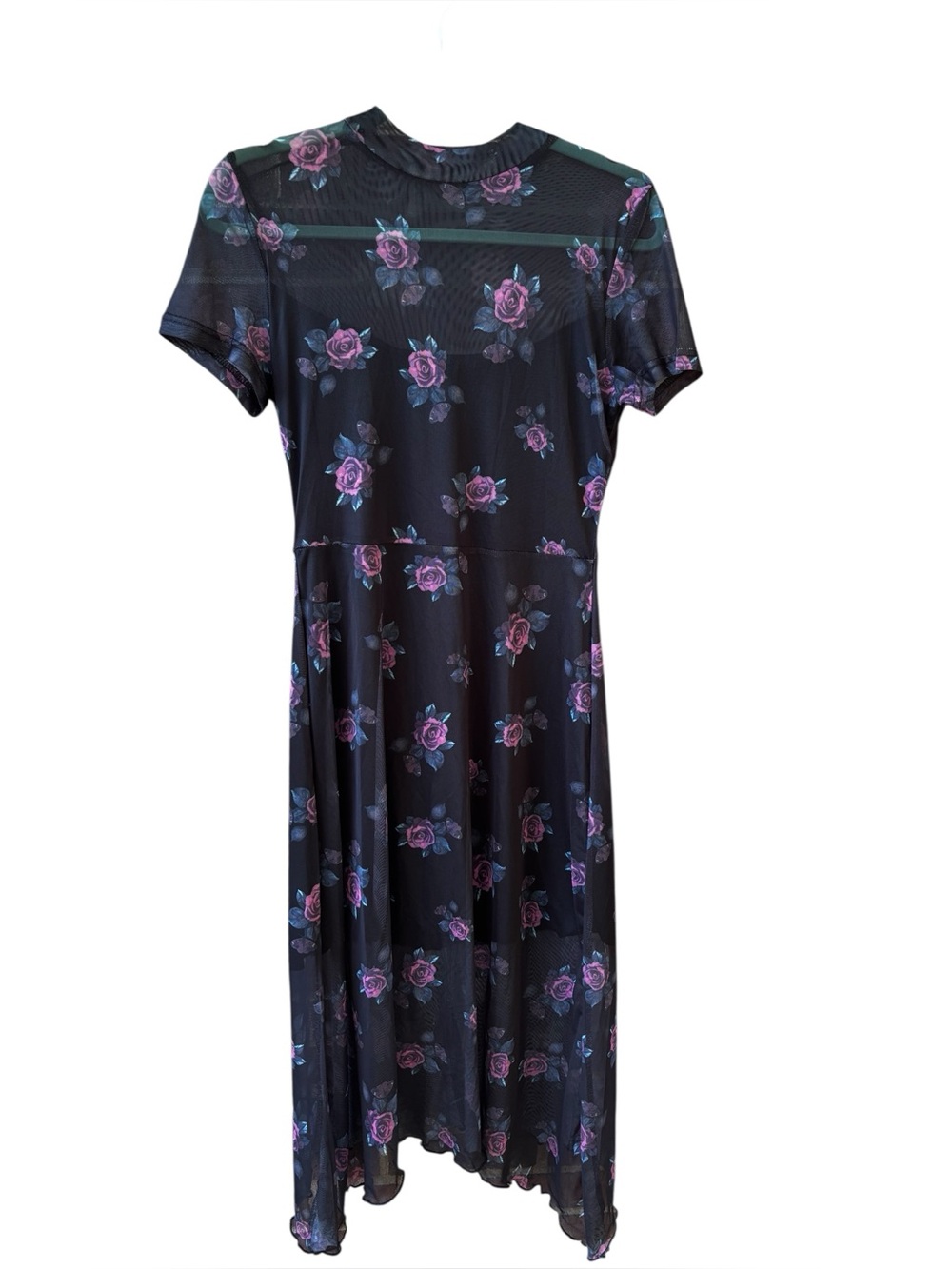 Goth Dark Floral Mesh Midi Dress Short Sleeve Womens Asymmetric Hem M NWT 6 8